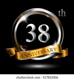 38th silver and gold anniversary logo, vector celebration design with ring and ribbon.