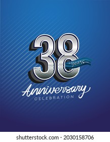 38th years anniversary celebration logotype with silver color and blue ribbon isolated on blue background