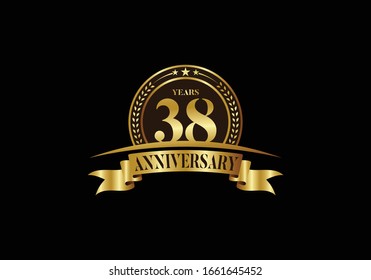 38th years anniversary logo template, vector design birthday celebration, Golden anniversary emblem with ribbon. Design for a booklet, leaflet, magazine, brochure, poster, web, invitation or greeting