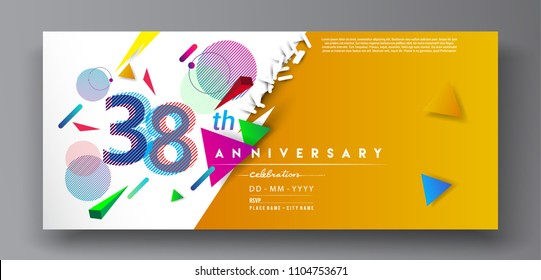 38th years anniversary logo, vector design birthday celebration with colorful geometric background and circles shape.