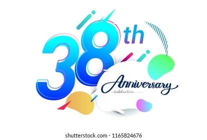 38th years anniversary logo, vector design birthday celebration with colorful geometric background, isolated on white background.