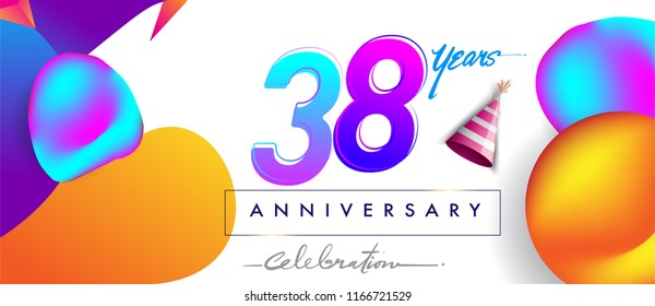 38th years anniversary logo, vector design birthday celebration with colorful geometric background and futuristic elements