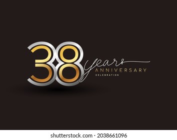 38th years anniversary logotype with multiple line silver and golden color isolated on black background for celebration event.