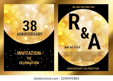 38th years birthday vector black paper luxury invitation double card. Wedding anniversary celebration brochure. Template of invitational for print black and gold background