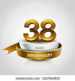 38th years golden anniversary logo celebration with ring and ribbon.