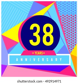 38th years greeting card anniversary with colorful number and frame. logo and icon with Memphis style cover and design template. Pop art style design poster and publication.