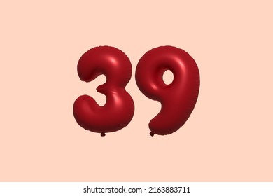 39 globo 3d número hecho de renderización 3d de globo metálico realista. Globos 3D de helio rojo para la venta decoración Fiesta Cumpleaños, Celebración de Aniversario, Fiesta de la Boda. Ilustración del vector