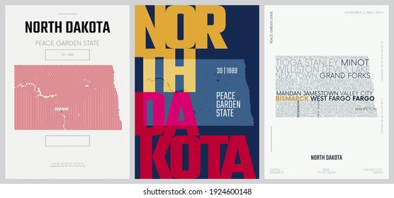 39 of 50 sets, US State Posters with name and Information in 3 Design Styles, Detailed vector art print North Dakota map