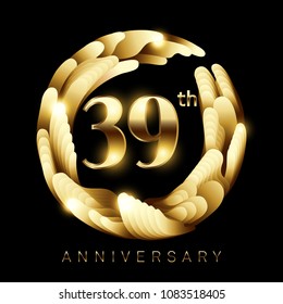 39 Anniversary Celebration Design. Elegance Golden Color Isolated On Black Background. Classic logo Vector Design For Greeting Card and Invitation Card.