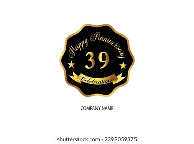 logotipo de celebración de 39 años con diseño elegante de color dorado con escritura a mano