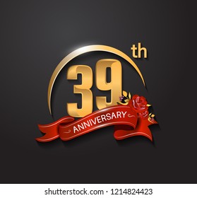 39 anniversary design logotype with golden swoosh, red ribbon and red rose. Vector template for use in celebration company event, greeting card, and invitation card
