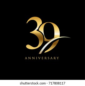 39 anniversary elegance gold logo. linked number with swoosh on black background