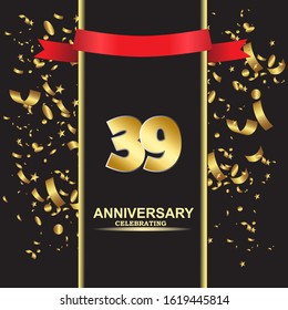 39 anniversary logo with confetti golden colored and red ribbon isolated on black background, vector design for greeting card and invitation card
