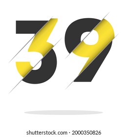 39 El diseño del logotipo de números negros y amarillos se corta a la mitad.