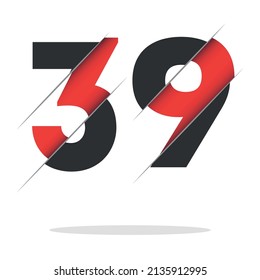 39 El diseño del logotipo de números negros y amarillos se corta a la mitad.