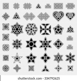 39 Celtic style knots collection, vector illustration, isolated, black outline with transparent fill