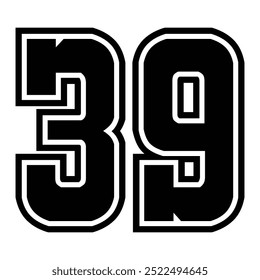 39 Classic Vintage Sport Jersey  Uniform numbers in black with a black outside contour line number on white background for American football, Baseball and Basketball or soccer for shirt