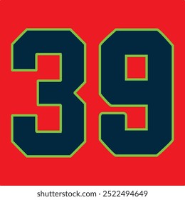 39 Classic Vintage Sport Jersey  Uniform numbers in black with a black outside contour line number on white background for American football, Baseball and Basketball or soccer for shirt