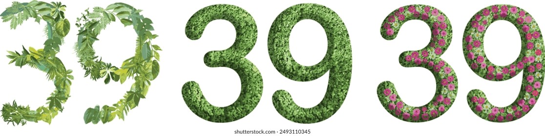 39, design made from green grass, leaves and flower, .suitable for birthday, anniversary and memorial day templates, go green concept	
