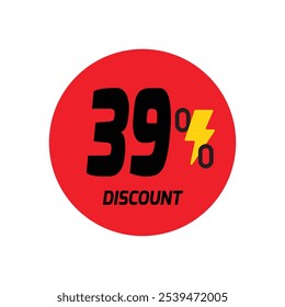 39% discount icon vector a red circular tag with and a yellow lightning bolt symbol.