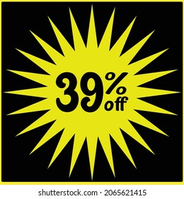 39% de descuento fuera de casa, Viernes Negro, descuentos en viernes negro, números con descuentos en tiendas y tiendas, icono amarillo y fondo negro