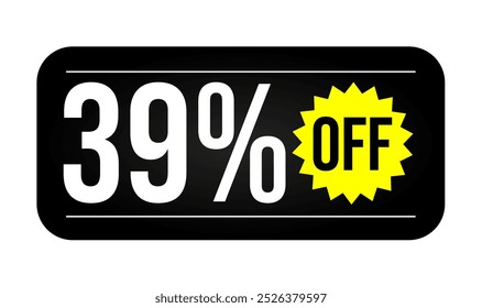 39% discount tag, black, white and yellow rectangular shape, perfect for marketing promotions, commerce and retail sales