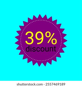 39% discount tag. Purple and yellow label. Store promotions, online commerce sales. Thirty nine percent off.