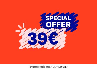 39 Euro OFF Sale Discount banner shape template. Super Sale Euro 39 Special offer badge end of the season sale coupon bubble icon. Modern concept design. Discount offer price tag vector illustration.