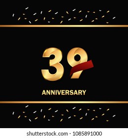 39 gold anniversary celebration design with red ribbon and glitter element, isolated on black background