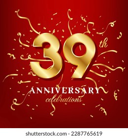 39 golden numbers and anniversary celebrating text with golden confetti spread on a red background