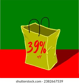 39% golden yellow bag discount illustration holiday christmas red green promotion