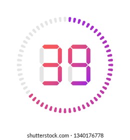 The 39 minutes, stopwatch vector icon, digital timer. Vector digital count down circle board with circle time pie diagram. Watch outline style design, designed for web and app.