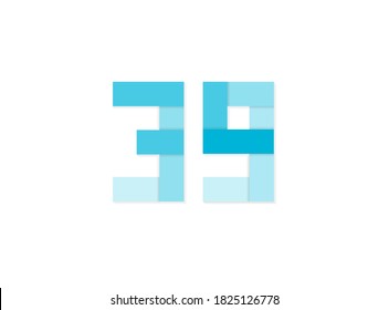 39 number, vector logo, paper cut desing font made of blue color tones .Isolated on white background. Eps10 illustration