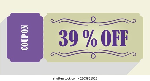 39% off coupon vector. thirty nine percent discount coupon. Purple and beige colors.  Perforated coupon. Drop shadow.
