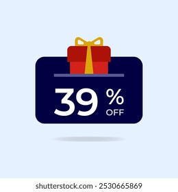 39% off Gift card Discount. Thirty nine percent off gift box. Vector illustration. Flat icon.