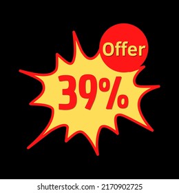 39 % Rabatt (Angebot) mit roter und gelber Online-Discount-Explosion Sprech-Blase, Blase	