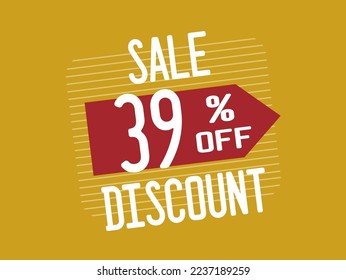 39% Off. Red discount banner with thirty-nine percent. Promotion with price reduction for products