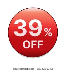 39% off red discount button. Thirty nine percent off shopping sale discount emblem in red. Special offer symbol. Vector illustration.