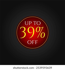 39% off. Red and yellow discount tag. Marketing promotions, commerce sales. Vector design. Thirty nine percent off.