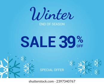 39% off sale banner. Thirty nine percent special offer. Winter sale banner. Winter End of Season Sale Background Design. Template for advertising, web, social media and fashion ads. Vector.