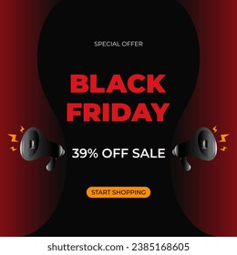 39% fuera de venta Encabezado Black Friday con publicidad de oferta especial. Treinta y nueve. Banner promocional con descuento y altavoces. Ilustración vectorial.