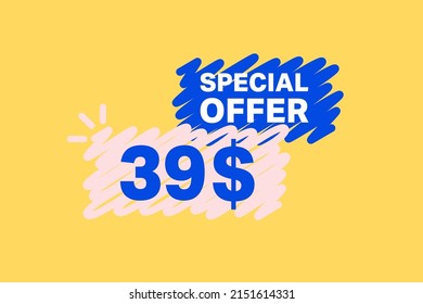 39$ OFF Sale Discount banner shape template. Super Sale 39 Dollar Special offer badge end of the season sale coupon bubble icon. Modern concept design. Discount offer price tag vector illustration.