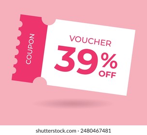 39% Rabatt auf Sale Voucher Coupon. 39 Prozent Promotion Illustration. Tag Label, Sale Banner mit Rabatt-Coupon. Pink Vektorgrafik Geschenkgutschein.