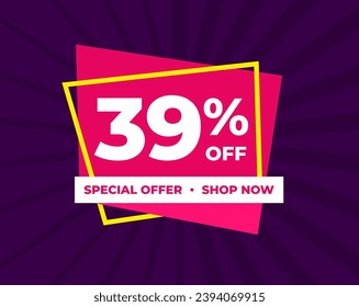 39% off, thirty nine percent, special offer, shop now. Background Label. Purple and pink. Discount special offer. Banner with offer emblem. Modern concept design. Vector illustration.