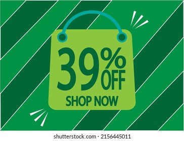 39 percent discount. 39% off discount green banner with floating bag for promotions and offers.