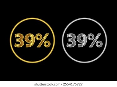 39 percent icon, 39 percent sign symbol in gold and silver color