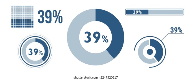 39 percent loading data icon set. Thirty-nine circle diagram, pie donut chart, progress bar. 39% percentage infographic. Vector concept collection, blue color.