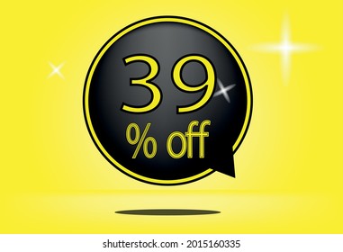 39 por ciento de globo negro y flotando. con fondo amarillo, banner 39% off amarillo, sombra