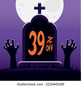 39 percent off. tomb with the phrase "39% off" and with zombie hands coming out of the ground. main color is purple