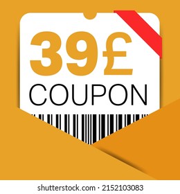 39 Pound Coupon promotion sale for a website, internet ads, social media gift 39 off discount voucher. Big sale and super sale coupon discount. Price Tag Mega Coupon discount vector illustration.